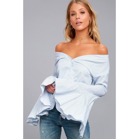 Lulus Tops - Lulus Clear Sailing Blue And White Striped Off-the-shoulder Top - Size M